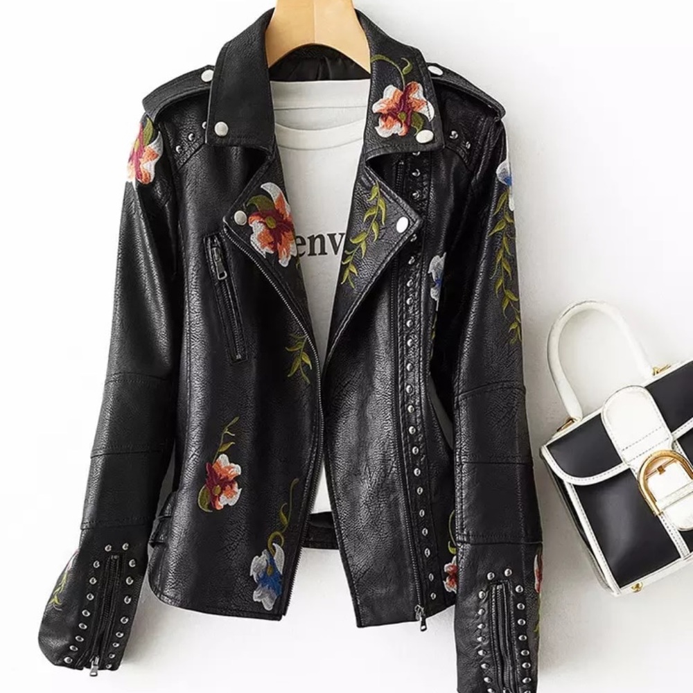 🎉Floral Print Embroidery FauxLeather Moto Jacket - Black